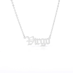 Minimalist silver Virgo zodiac pendant necklace in polished stainless steel on white back