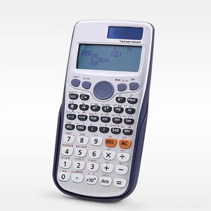 Close-up of 991ES Plus scientific calculator with solar panel and dual power supply