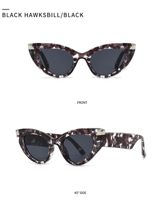 Detail view of cat eye sunglasses showing front and 45-degree side angles in tortoiseshell