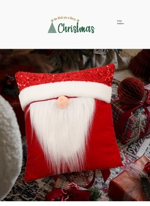 Detail of Christmas pillowcase with red sequins and white plush Santa beard texture