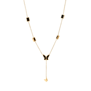 Collier en Y en acier inoxydable doré avec breloques rectangulaires noires et papillon