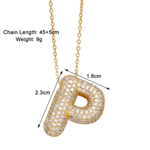 Detailed view of gold P-letter pendant with white cubic zirconia and size dimensions