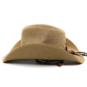 Detailed close-up of woven straw cowboy hat featuring brown chin strap and bead accents