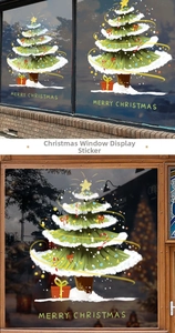 Details von Weihnachtsfensteraufklebern mit grünen Schneebäumen und Merry Christmas Boxen