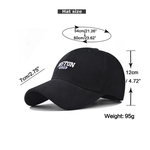 Detailed size guide for black cotton Boston baseball cap with white embroidery