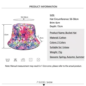 Size chart for reversible flamingo print cotton bucket hat with dimensions and care info