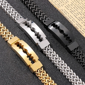 Detailed view of razor blade pendants on men's woven titanium steel bracelets in three colors