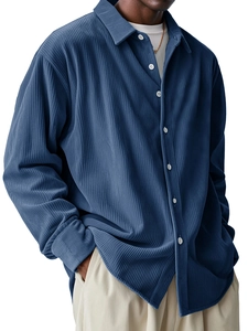 Detail view of navy blue corduroy shirt for men featuring ribbed texture and relaxed fit