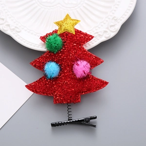 Pinza para el pelo de árbol de Navidad rojo brillante con pompones y estrella dorada