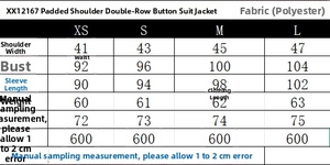 Tableau des tailles pour blazer à double boutonnage avec mesures d'épaules et de poitrine de XS à L
