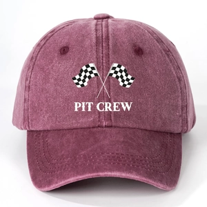Detail of burgundy washed cotton baseball cap with checkered racing flags and Pit Crew print