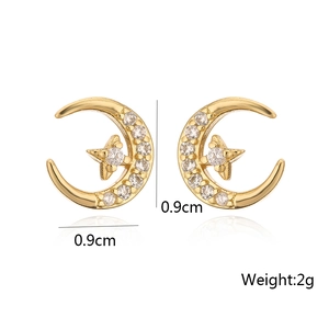 Detailed view of 18K gold plated moon and star earrings with cubic zirconia and size info