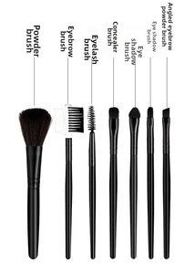 Detail of 7-piece makeup brush set including powder, eye and brow brushes on white background