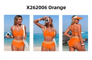 Three-angle views of an orange V-neck bikini set with white stripes on a sunny beach