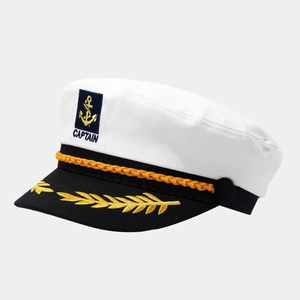 Detailed gold anchor embroidery and captain lettering on a white sailor hat