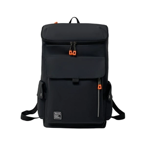 Close-up of black travel backpack featuring vibrant orange zipper pulls and side accents