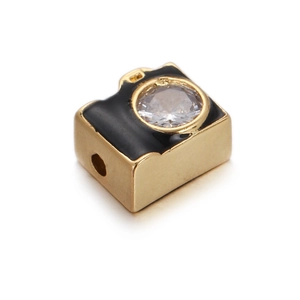 Golden camera charm bead with black enamel and zircon for DIY jewelry bracelets