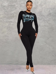 Combinaison Femme Avec Imprimé Graphique Manches Longues Haute Élasticité Coupe Slim Streetwear Bodycon Décoration De Chaîne