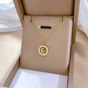Titanium Steel Moon Star Pendant Necklace Rhinestone Inlaid Minimalist Gold Plated Clavicle Chain For Women