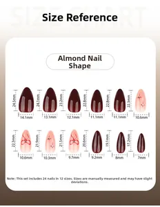 Size chart for almond press on nails showing 12 different dimensions and 24 pieces set