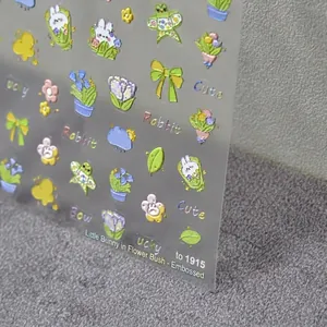5D embossed rabbit and tulip nail art stickers with 3D texture in pastel colors