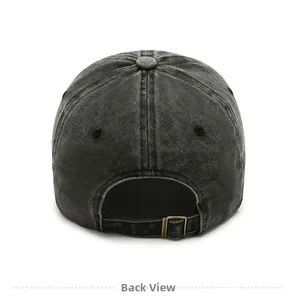 Back view of a black washed denim baseball cap featuring an adjustable metal buckle