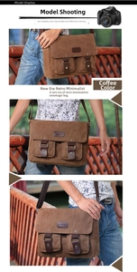 Outdoor collage showing coffee canvas messenger bag with adjustable strap and pockets