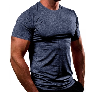 Close-up of gray moisture-wicking athletic fabric and slim-fit muscle cut on men's T-shirt