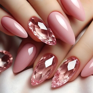 Press On Nails Short Almond Glossy Pink Crystal Marble Full Cover False Nail For Women Manicure