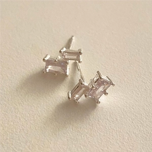 Square Zircon Stud Earrings With 925 Sterling Silver Earring Post Geometric Double Stone Minimalist Style Jewelry For Women