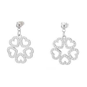 Symmetric silver heart-shaped flower stud earrings with minimalist metal finish