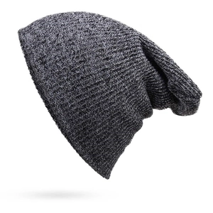 Winter knit beanie hat in classic black and grey mixed yarn with thick ribbed texture