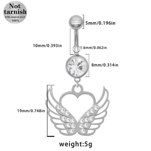 Détail du piercing de nombril en acier 316L avec ailes d'ange et dimensions
