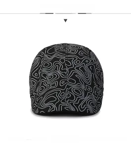 Front view of wool newsboy cap for men featuring a grey topographic contour pattern