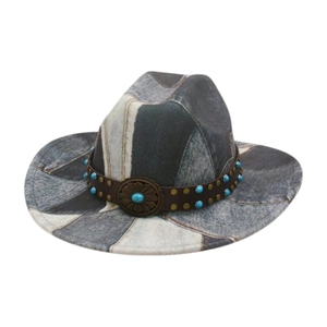 Vintage Western Cowboy Hat Denim Patchwork Cotton Polyester With Faux Leather Turquoise Belt Metal Buckle Wide Brim