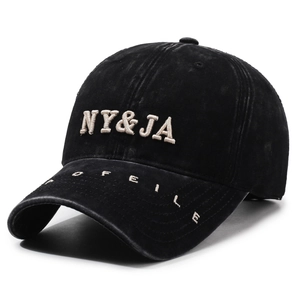 Washed black vintage baseball cap featuring 3D NY&JA embroidery and curved brim style