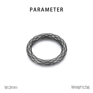 Detail view of 3mm wide punk style ring with vintage snake scale pattern and 5g weight
