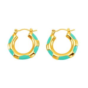 Detail of gold-plated hoop earrings with mint green enamel stripes and high-gloss finish
