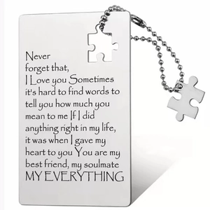 Custom engraved stainless steel wallet card with puzzle piece keychain gift set