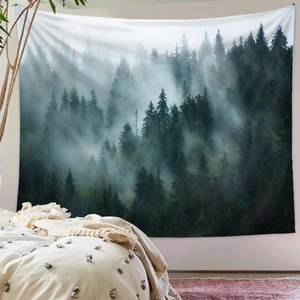 Detail of misty forest tapestry showing deep green pine trees for wall decoration