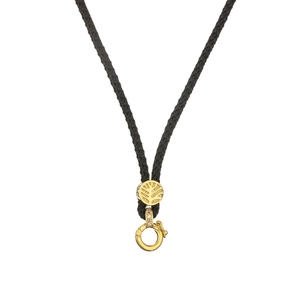 Black woven necklace cord with gold lobster clasp and leaf pendant on white background