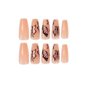 Pink butterfly press-on nails in long coffin shape with detailed butterfly prints