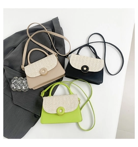 Chic small crossbody bags with woven straw flap detail and circular metal buckle
