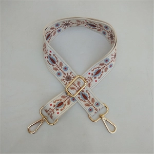 Detail of adjustable beige woven shoulder strap with ethnic embroidery and gold metal hooks