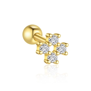 Close-up of gold s925 silver stud earring with four zircons in a flower cluster design