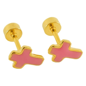 Pink enamel cross stud earrings with secure screw backs and polished gold metal plating