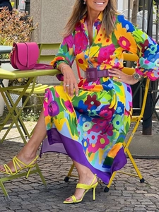 Elegant Floral Print Long Sleeve Midi Shirt Dress With Belt Polyester Vacation High Waist A-Line Women Casual Outfit