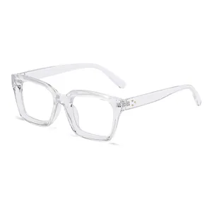 Clear square frame reading glasses with anti-blue light lenses and spring hinges
