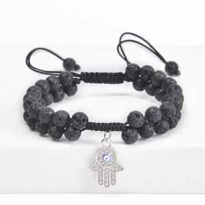 Handmade Hamsa Hand and Evil Eye lava rock stone bracelet with double black bead layers
