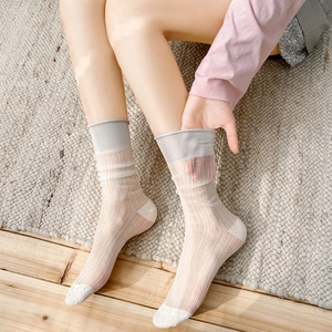 Sheer ballet style crew socks for women featuring ultra-thin mesh and vertical stripes
